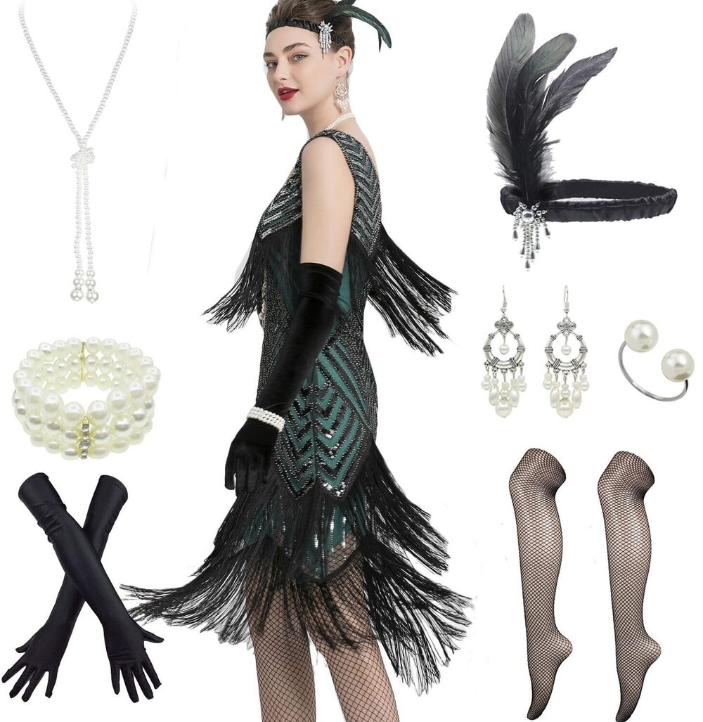 7631 1920s Gatsby V-Neck Sequin Art Deco Flapper Dress with 20s Accessories